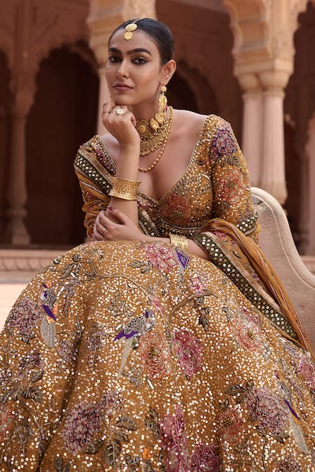 Irrau By Samir Mantri_Mustard Organza Embroidery, Sequins, Tassels V-neck Surajmukhi Lehenga Set _at_Aza_Fashions