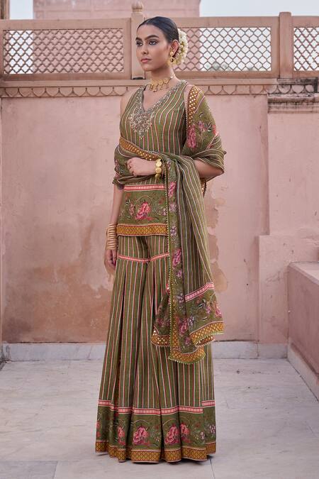 Buy_Irrau By Samir Mantri_Olive Green Dupion, Organza Embroidery V-neck Tulsi Printed Kurta Gharara Set _Online_at_Aza_Fashions
