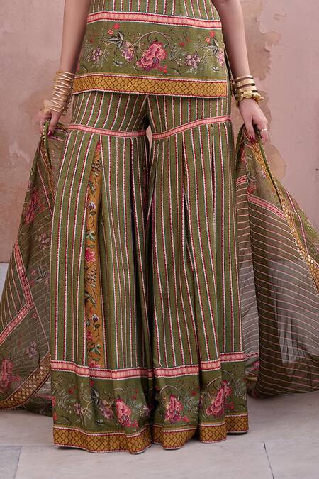 Shop_Irrau By Samir Mantri_Olive Green Dupion, Organza Embroidery V-neck Tulsi Printed Kurta Gharara Set _Online_at_Aza_Fashions