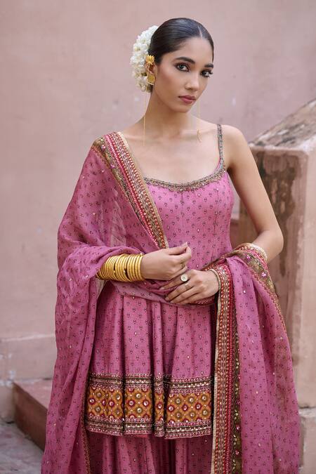 Irrau By Samir Mantri_Pink Dupion, Organza Embroidery, Zari Scoop Neck Juhi Printed Kurta Sharara Set _Online_at_Aza_Fashions