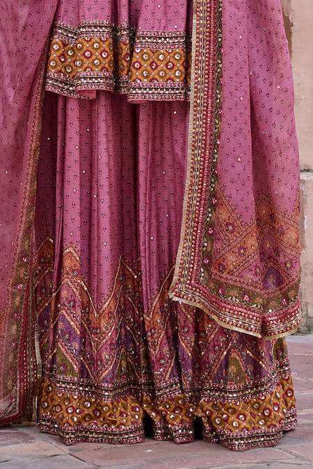 Buy_Irrau By Samir Mantri_Pink Dupion, Organza Embroidery, Zari Scoop Neck Juhi Printed Kurta Sharara Set _Online_at_Aza_Fashions