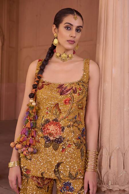 Irrau By Samir Mantri_Mustard Organza Embroidery, Sequins Square Neck Genda Printed Kurta Gharara Set _Online_at_Aza_Fashions