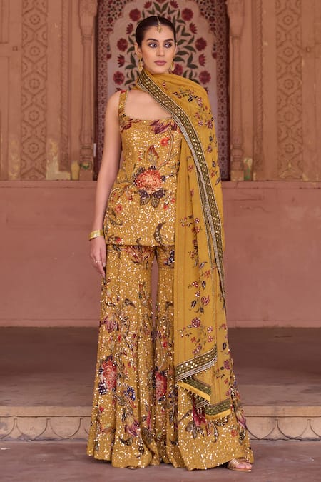 Buy_Irrau By Samir Mantri_Mustard Organza Embroidery, Sequins Square Neck Genda Printed Kurta Gharara Set _Online_at_Aza_Fashions