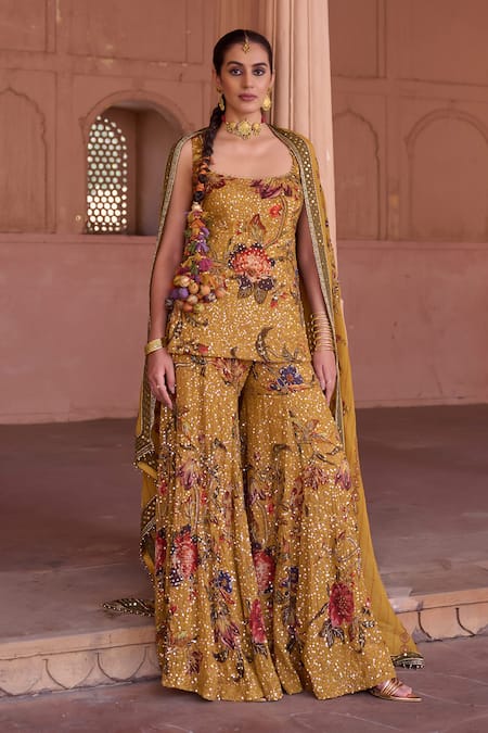 Irrau By Samir Mantri Mustard Organza Embroidery, Sequins Square Neck Genda Printed Kurta Gharara Set 