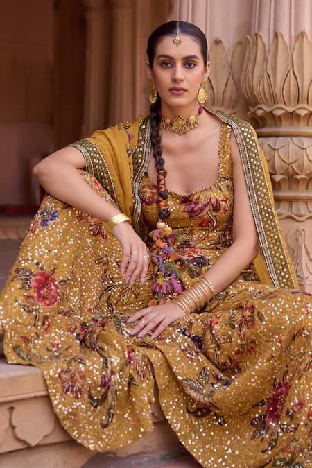 Shop_Irrau By Samir Mantri_Mustard Organza Embroidery, Sequins Square Neck Genda Printed Kurta Gharara Set _Online_at_Aza_Fashions