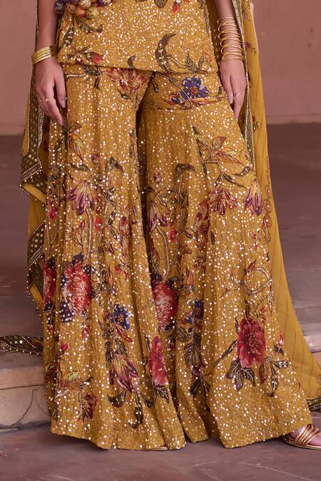 Irrau By Samir Mantri_Mustard Organza Embroidery, Sequins Square Neck Genda Printed Kurta Gharara Set _at_Aza_Fashions