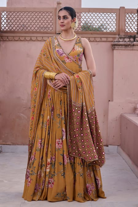 Irrau By Samir Mantri Mustard Crepe Embroidery V-neck Pankhuri Printed Anarkali With Dupatta
