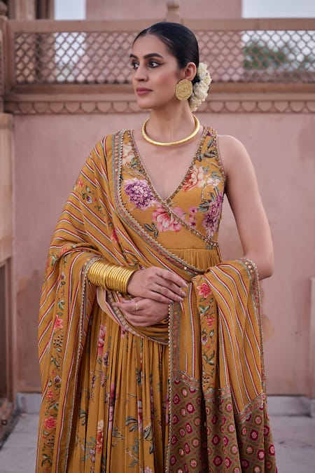 Irrau By Samir Mantri_Mustard Crepe Embroidery V-neck Pankhuri Printed Anarkali With Dupatta _Online_at_Aza_Fashions