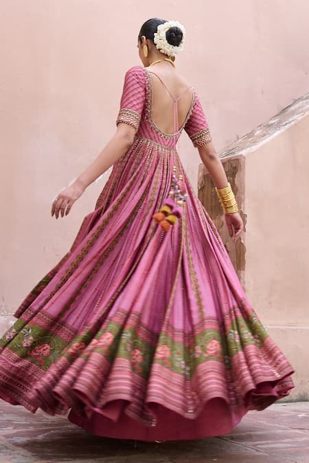 Irrau By Samir Mantri_Pink Dupion, Organza Embroidery, Tassels Sevanthi Printed Anarkali With Dupatta _Online_at_Aza_Fashions