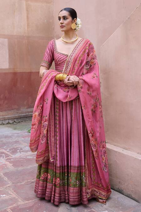 Buy_Irrau By Samir Mantri_Pink Dupion, Organza Embroidery, Tassels Sevanthi Printed Anarkali With Dupatta _Online_at_Aza_Fashions