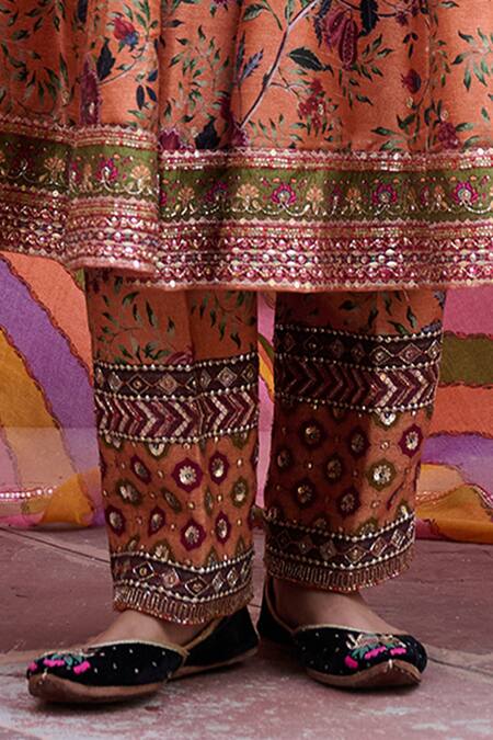 Irrau By Samir Mantri_Peach Dupion, Organza Embroidery, Zari Scoop Neck Nargis Printed Anarkali Set _Online_at_Aza_Fashions