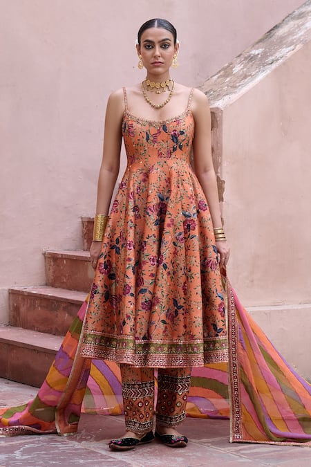 Irrau By Samir Mantri Peach Dupion, Organza Embroidery, Zari Scoop Neck Nargis Printed Anarkali Set 
