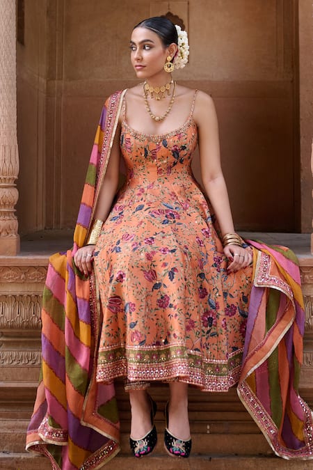 Shop_Irrau By Samir Mantri_Peach Dupion, Organza Embroidery, Zari Scoop Neck Nargis Printed Anarkali Set _Online_at_Aza_Fashions