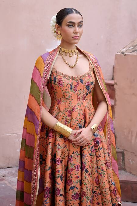 Irrau By Samir Mantri_Peach Dupion, Organza Embroidery, Zari Scoop Neck Nargis Printed Anarkali Set _at_Aza_Fashions