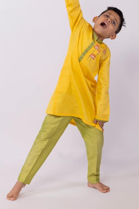 Buy_Minikin_Yellow Cotton, Silk Embroidery Lotus Kurta Set _Online_at_Aza_Fashions