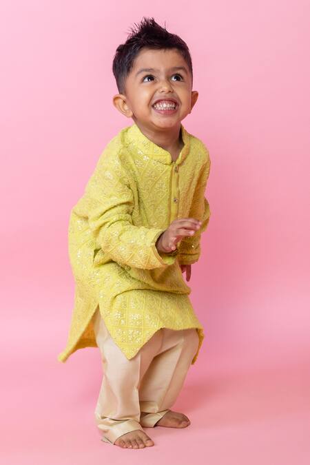 Minikin_Green Georgette, Cotton, Silk Embroidery, Sequins Lucknowi Kurta Set _Online_at_Aza_Fashions