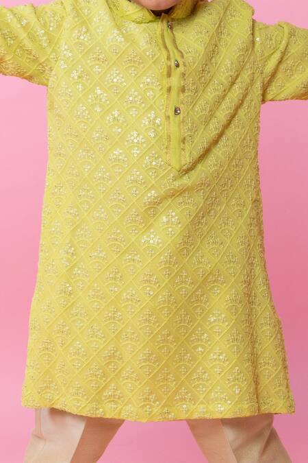 Shop_Minikin_Green Georgette, Cotton, Silk Embroidery, Sequins Lucknowi Kurta Set _Online_at_Aza_Fashions