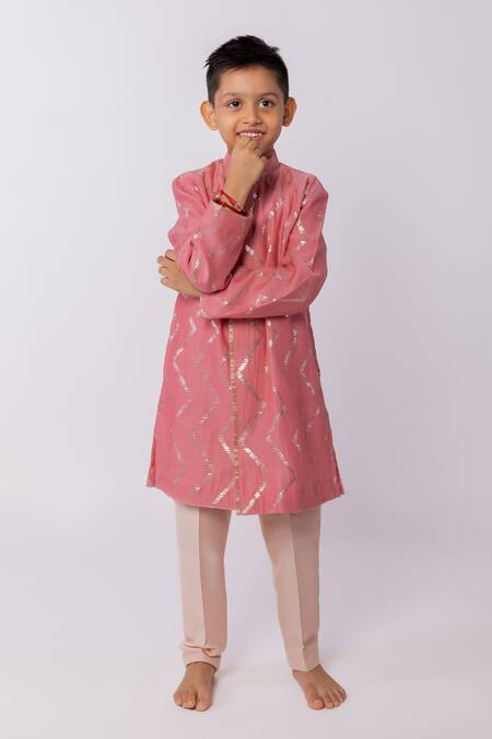 Shop_Minikin_Pink Chanderi, Cotton, Silk Sequins, Embroidery Kurta Set _Online_at_Aza_Fashions