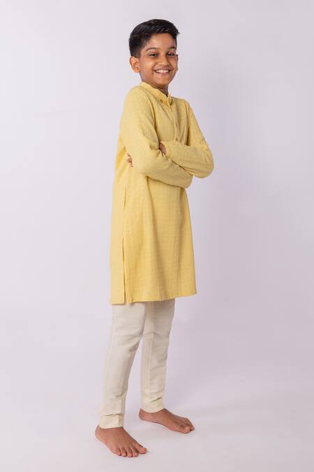 Minikin_Yellow Georgette, Cotton, Silk Embroidery Lucknowi Kurta Set _Online_at_Aza_Fashions