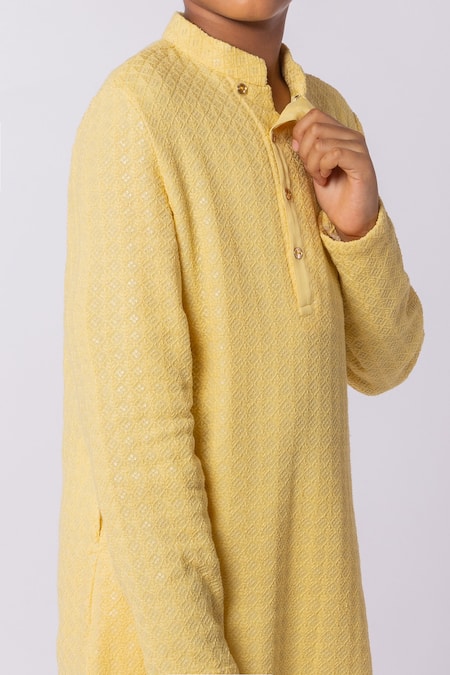 Shop_Minikin_Yellow Georgette, Cotton, Silk Embroidery Lucknowi Kurta Set _Online_at_Aza_Fashions