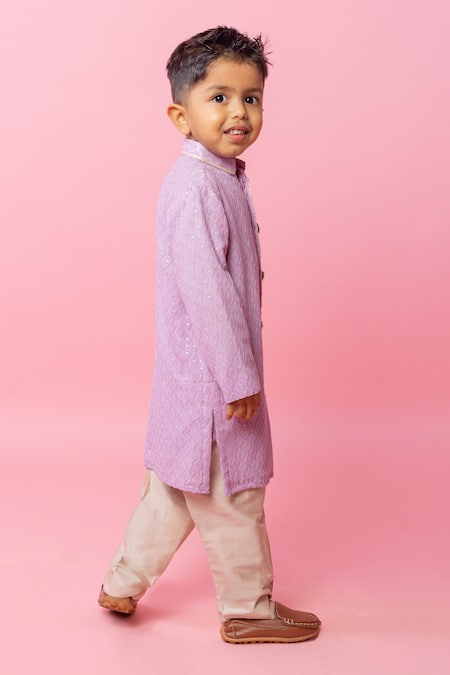 Minikin_Purple Georgette, Cotton Embroidery, Sequins Lavender Lucknawi Kurta Set _Online_at_Aza_Fashions