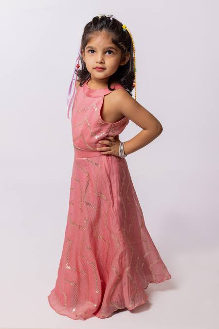 Minikin_Pink Chanderi, Net Sequins, Embroidery, Lace Lehenga Set _Online_at_Aza_Fashions