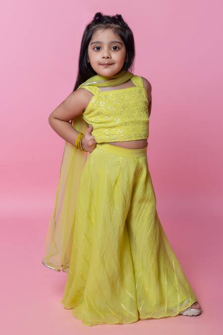 Minikin_Lime Georgette, Chanderi Silk, Net Sequins, Chikankari Top Palazzo Set _Online_at_Aza_Fashions