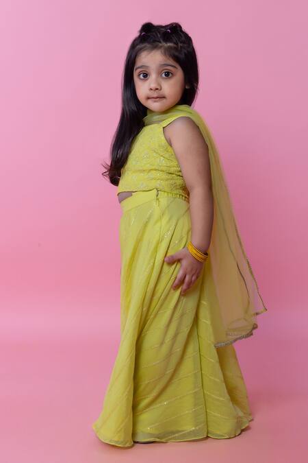 Buy_Minikin_Lime Georgette, Chanderi Silk, Net Sequins, Chikankari Top Palazzo Set _Online_at_Aza_Fashions