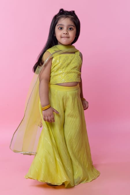 Shop_Minikin_Lime Georgette, Chanderi Silk, Net Sequins, Chikankari Top Palazzo Set _Online_at_Aza_Fashions