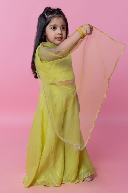 Minikin_Lime Georgette, Chanderi Silk, Net Sequins, Chikankari Top Palazzo Set _at_Aza_Fashions