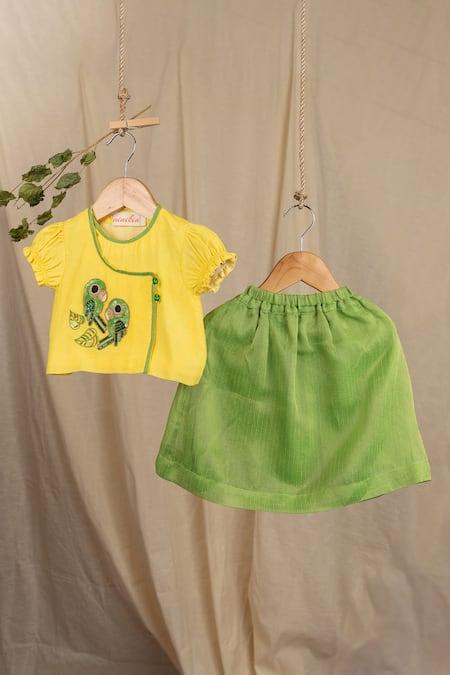 Minikin Yellow Muslin, Kota Doria Embroidery Parrot Lehenga Set 