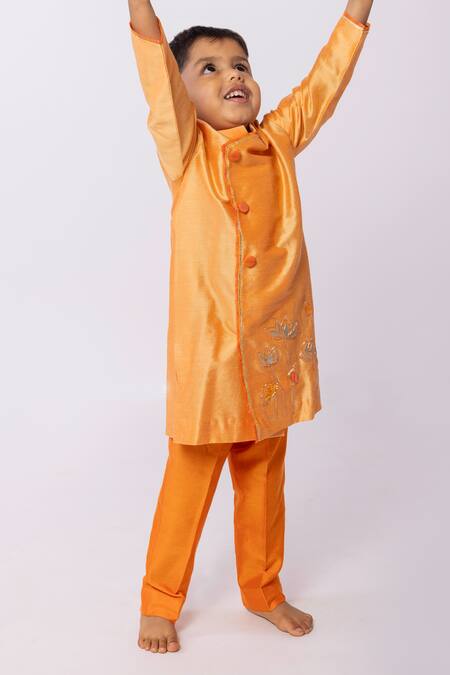 Buy_Minikin_Orange Cotton, Silk Gota Patti Lotus Kurta Set _Online_at_Aza_Fashions