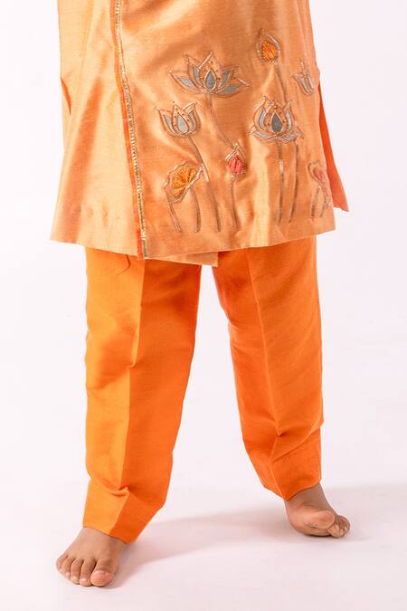 Shop_Minikin_Orange Cotton, Silk Gota Patti Lotus Kurta Set _Online_at_Aza_Fashions