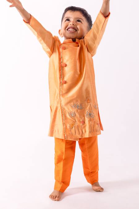 Minikin_Orange Cotton, Silk Gota Patti Lotus Kurta Set _at_Aza_Fashions