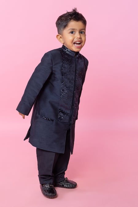 Minikin Navy Blue Cotton Silk Bandhgala Set 