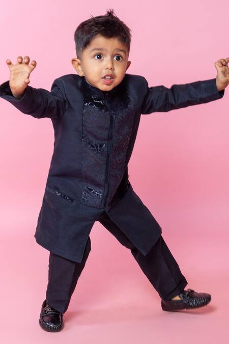 Minikin_Blue Cotton, Silk Embroidery Navy Bandhgala Set _Online_at_Aza_Fashions