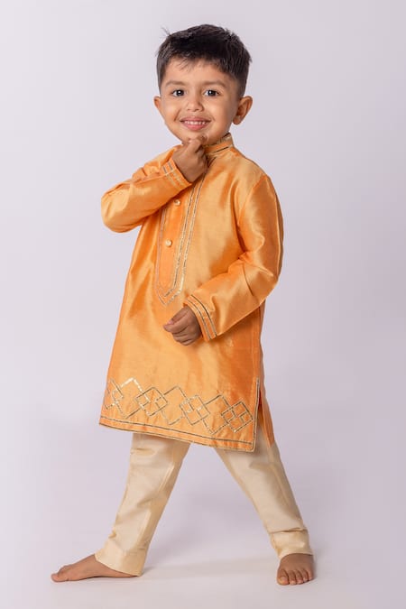 Minikin Orange Cotton, Silk Lace Gota Embroidered Kurta Set 