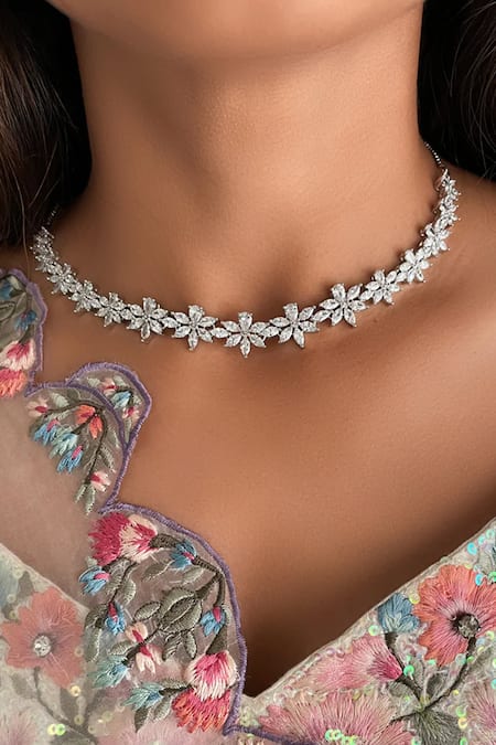 PRERTO Floral Diamond Choker Necklace Set 