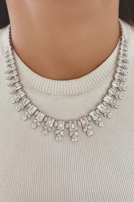 Prerto White Crystals, Stones Baguette Roses Diamond Necklace Set 