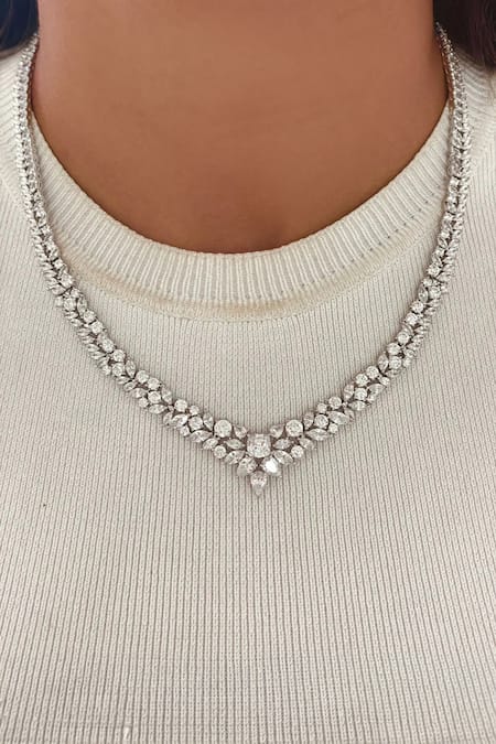 Prerto Silver Plated Crystals, Stones Geometric Diamond Necklace Set 