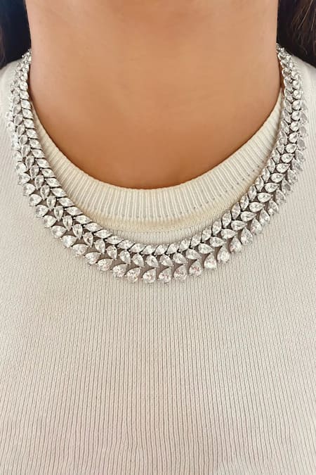 Prerto White Crystals Leaflet Diamond Tear Drops Necklace Set 