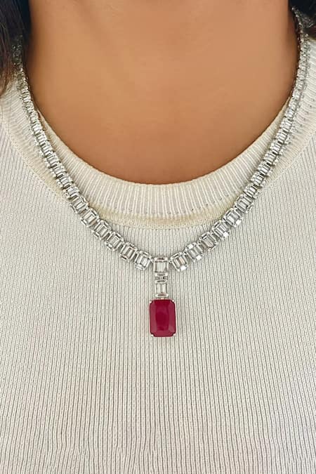 Prerto Silver Plated Crystals, Stones Baguette Ruby Diamond Line Necklace Set 