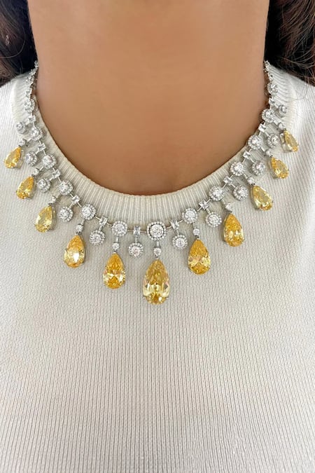 Prerto Silver Plated Crystals, Rabta Citrine Tear Drops Circular Diamond Necklace Set 