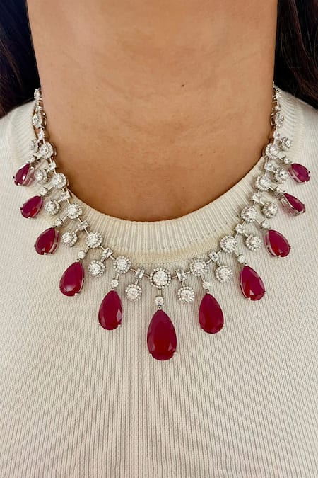 Prerto Red Stones, Crystals Rabta Ruby Tear Drops Circular Diamond Necklace Set 