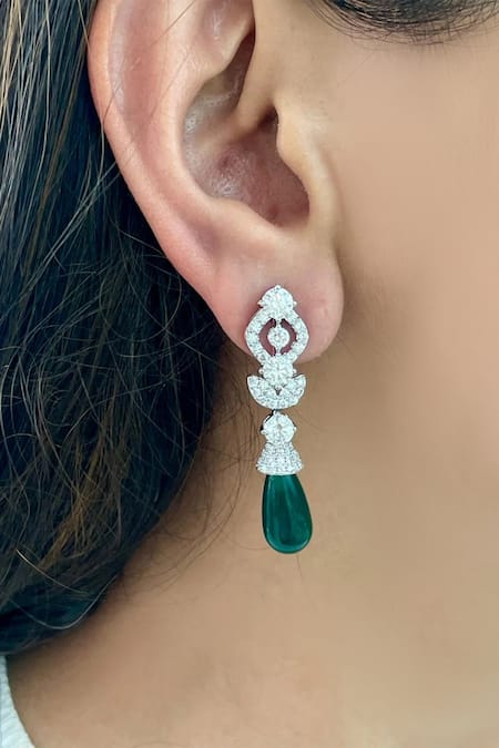 Shop PRERTO Emerald Green Crystals, Stones Drops Leaflet Diamond Circular Necklace Set at Aza Fashions Shop_PRERTO_Emerald Green Crystals, Stones Drops Leaflet Diamond Circular Necklace Set _at_Aza_Fashions