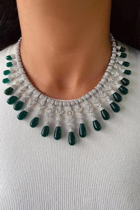 Prerto Emerald Green Crystals, Stones Drops Leaflet Diamond Circular Necklace Set 