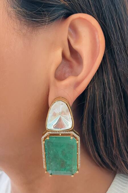 Shop PRERTO Emerald Green Stones, Crystals Grandest Mint Doublet And Moissanite Necklace Set at Aza Fashions Shop_PRERTO_Emerald Green Stones, Crystals Grandest Mint Doublet And Moissanite Necklace Set_at_Aza_Fashions