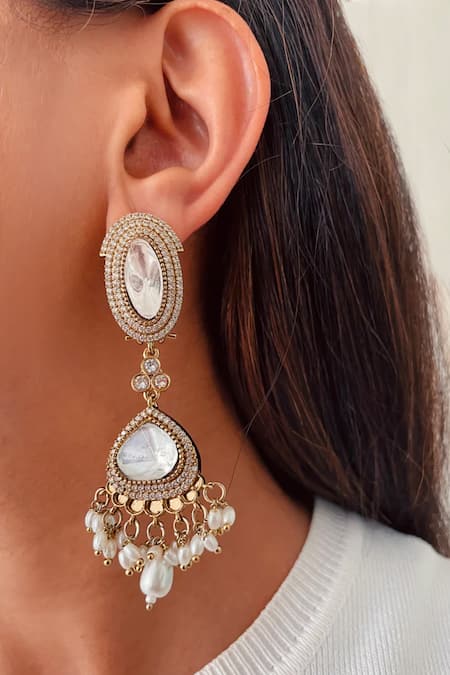 Shop PRERTO Gold Plated Pearls, Stones, Rhinestones Roshanara Moissanite And Choker Set at Aza Fashions Shop_PRERTO_Gold Plated Pearls, Stones, Rhinestones Roshanara Moissanite And Choker Set_at_Aza_Fashions