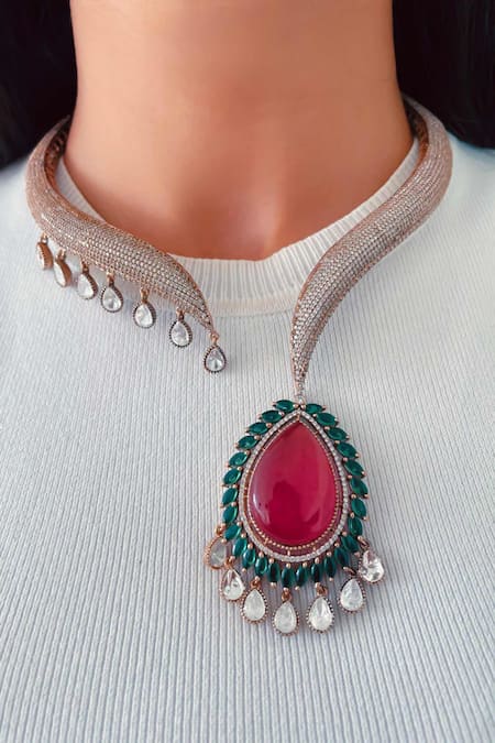Prerto Gold Plated Stones Zircon Studded Moissanite Drops Doublet Open Choker Set 