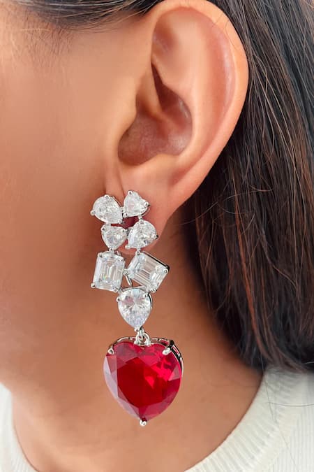 Shop PRERTO Silver Plated Crystals, Stones Geometric Ruby Heart Drop Necklace Set at Aza Fashions Shop_PRERTO_Silver Plated Crystals, Stones Geometric Ruby Heart Drop Necklace Set _at_Aza_Fashions